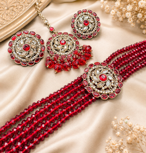 Jerkan fine stone with pearls beaded choker set with beautiful studs & tikka