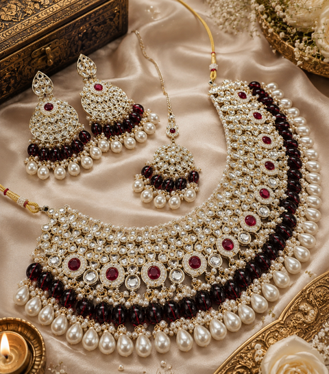Kundan studded & pearls work designer heavy work Necklace set with beautiful Earrings & Tikka