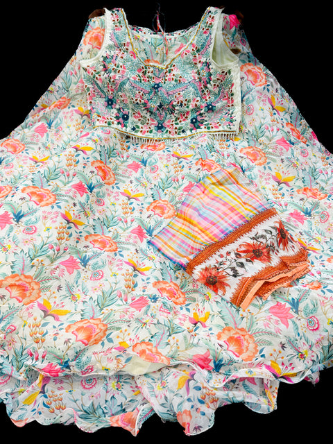 (Video clip attached)Designer handwork crop top blouse with jimmy choo soft organza heavy flared floral print lehnga with netting dupatta (same skirt with 2 different design blouses )video clip attached