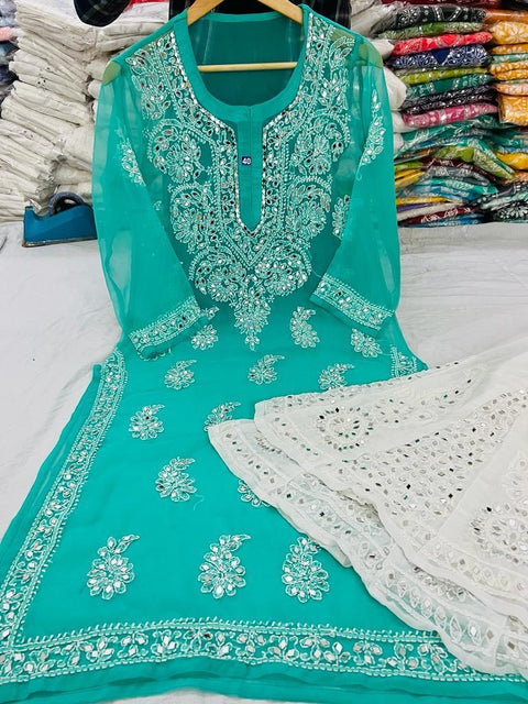Turquoise color Georgette based chikankari work with Mirror work Kurti with pure georgette based Chikankari & mirror work Plazo and pure chiffon based mirror work beautiful soft & full size dupatta