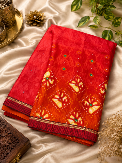 Pure Georgette Based With bandhani Print Soft Saree. Blouse Worn By The Model Is For Reference Purposes Only. The Blouse Piece Is Attached Separately With The Saree. Slight Variation In Color And Design May occur