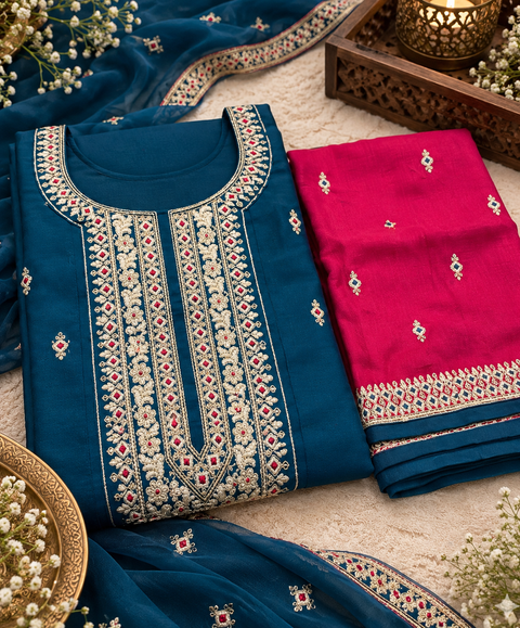 Elegant flared Anarkali suit featuring delicate embroidery with all-over motifs, matching pants and a contrast hot pink dupatta with embroidered border.Slight variation in colour and design is possible