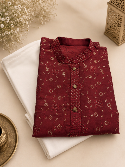 Maroon colour silk based all over embroidery &  sequins work mens kurta with Cream golden colour pajama pants (slight variation in color and design is possible )
