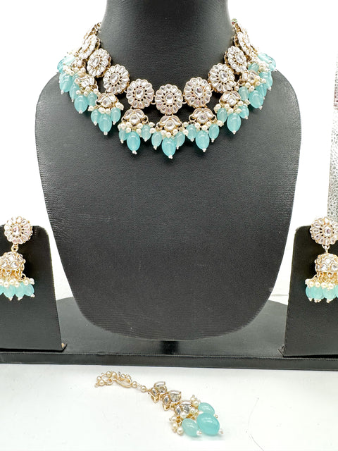 Kundan studded & pearls work designer heavy work Necklace set with beautiful Earrings & Tikka