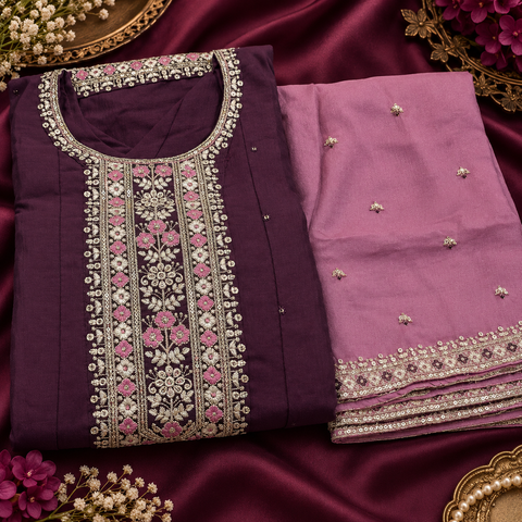 Rayon Silk/Georgette Silk Anarkali Suit featuring beautiful embroidery on the neckline and kurta, with a soft flattering flare & matching pants and a Chinon dupatta finished with elegant embroidery.Slight variation in colour and design is possible