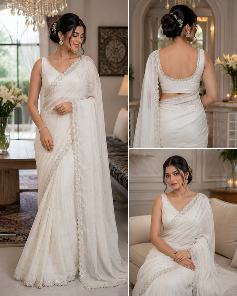 Elegant Jimmy Choo Saree featuring intricate handwork detailing and a beautifully embellished border. Comes with an attached matching blouse piece, blouse worn by the model is for reference purposes only(slight variation in color and design is possible)