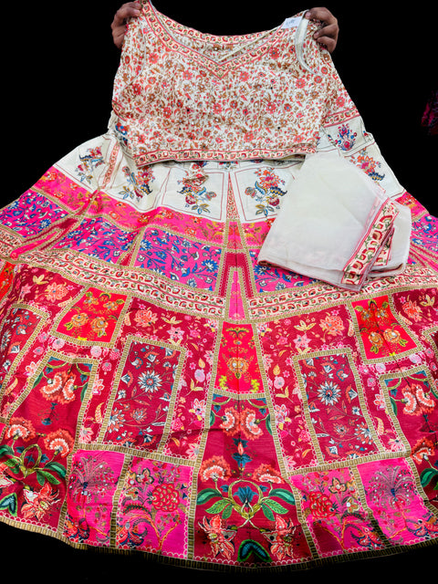 (Video Clip attached )Silk based printed with Mirror work heavy flared lehnga and designer crop top blouse and dupatta