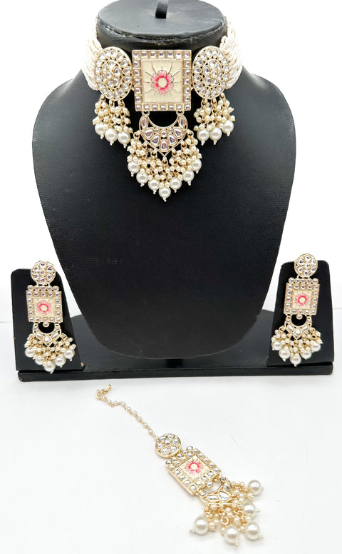 Meenakari with Kundan studded & pearls work designer heavy work Choker Necklace set with beautiful Earrings & Tikka