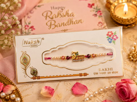 Elegant handcrafted Rakhi with premium beads and sparkling stonework, beautifully crafted to celebrate the special bond of love and protection.