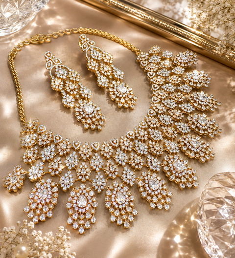 (video clip attached )Golden color Beautiful and elegant look Bridal/Semi Bridal American diamonds studded Heavy work necklace with beautiful earrings Note :- original AD stones  not fake plastic stones )