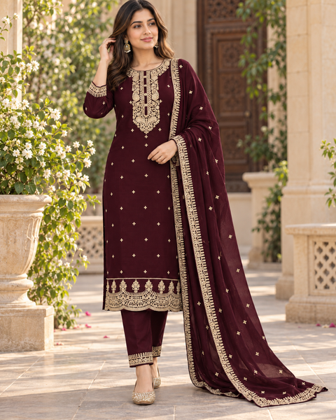 Georgette Silk suit set featuring elegant golden embroidery on the neckline, sleeves and hem, paired with matching pants and a beautifully bordered dupatta.Slight variation in colour and design may be possible.