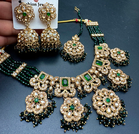 Original Polki stone with pearls beaded work beautiful necklace with jhumka and tikka set