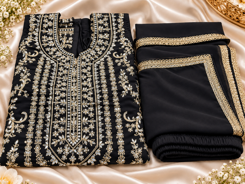Beautiful georgette fabric outfit with full embroidery and mirror work all over the kameez. Paired with a loose circular palazzo and a matching dupatta with just a border. 
Slight variation in colour and design is possible