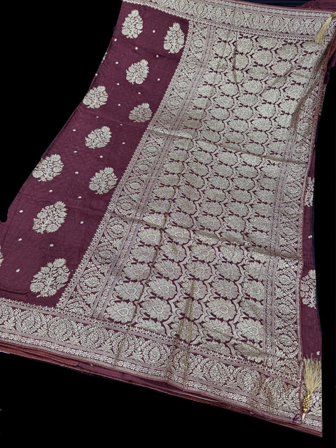 Cocoa Brown color crepe Silk Saree With stone work very beautiful design (very soft to set the pleates)