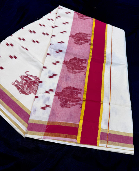KERALA KASAVU COTTON SAREE WITH BEAUTIFUL ELEPHANT PRINT