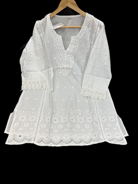 Embroidered Lucknow Chikankari White Cotton Short Kurti Top Tunic for Women