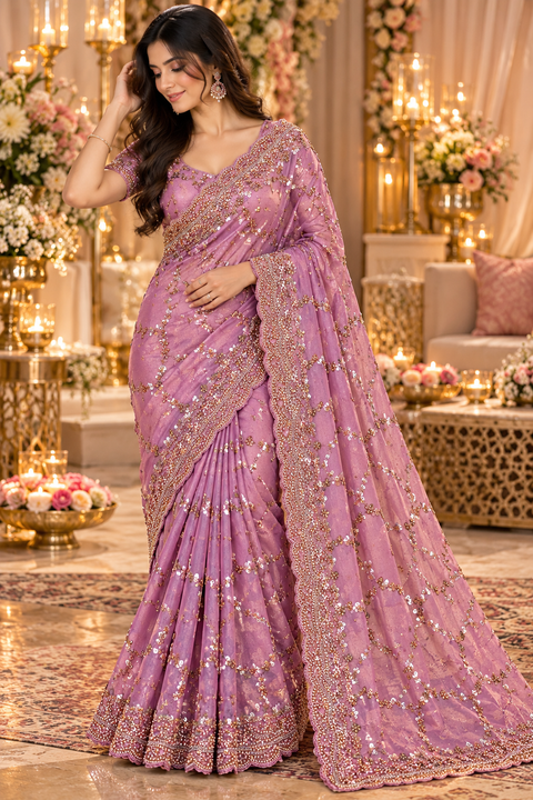 Fendi Silk Saree featuring all-over intricate handwork,sequin detailing and a heavily embellished scalloped border for a rich festive look. Attached blouse piece included; model blouse is for reference only. Slight variation in colour and design may occur