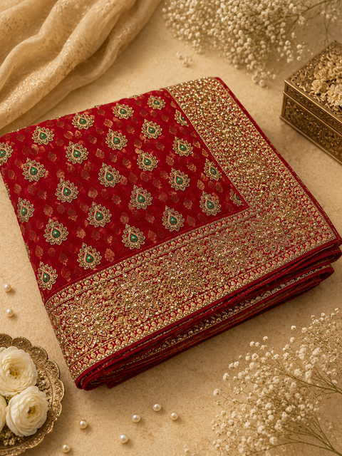 Beautiful Bridal Saree featuring intricate hand embroidery, rich gold zari work and sparkling stone embellishments. ✨Model blouse is for reference only. Blouse piece is attached with the saree. Slight variation in colour and design may occur.
