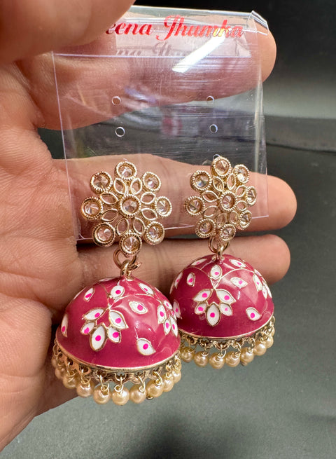 Polki Stone With Pearls Work Beautiful Meenakari Jhumka