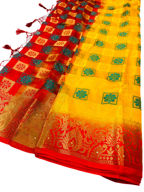Art Silk Based beautiful design Stone work  Saree with contrast Pallu & Blouse