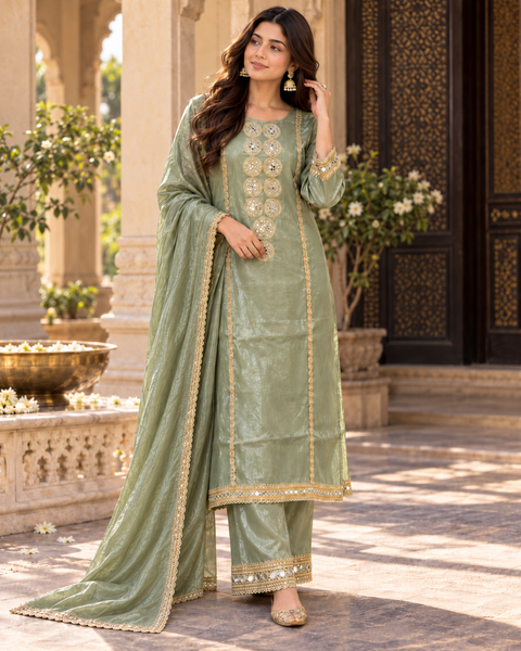 Sage Green color fendy silk, luxurious fabric with a subtle shine. Features stunning mirror work on the neckline, elegant embroidered borders, matching pants and a graceful dupatta. Slight variations in colour and design are possible.