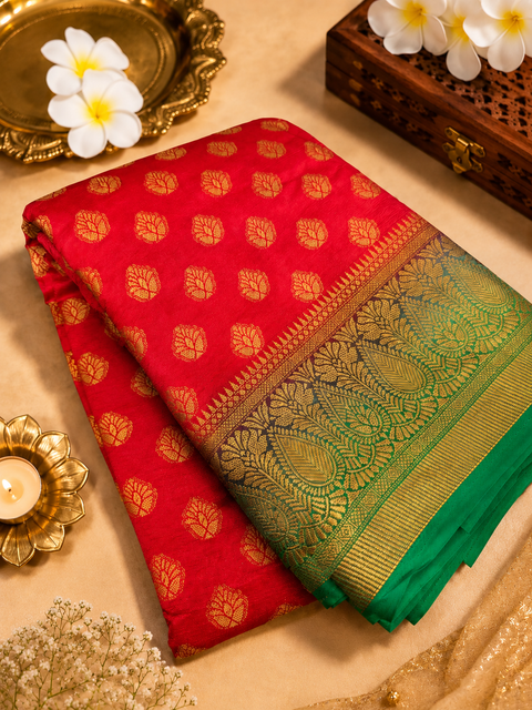 Art Silk Based beautiful design Saree with contrast Pallu (blouse is attached to Saree ) slight variation in color and design is possible )