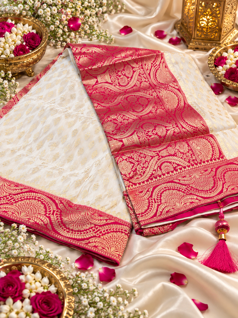 Soft & glossy crepe silk saree with a smooth, lightweight feel and beautifully flowy drape. Featuring rich woven zari floral motifs and an elegant detailed border .Blouse piece included. Slight variation in colour and design is possible.