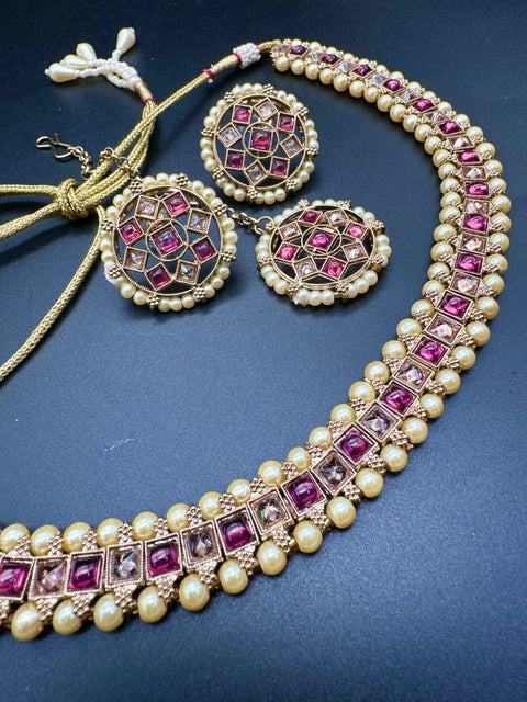 Polki And Pearls Work Beautiful Necklace Set With studs & Tikka