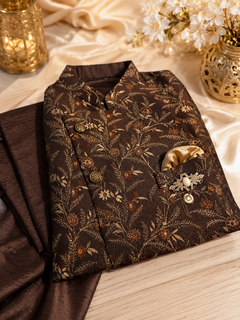 Brocade silk designer jacket with plain kurta and pants (slight variation in color & design is possible )