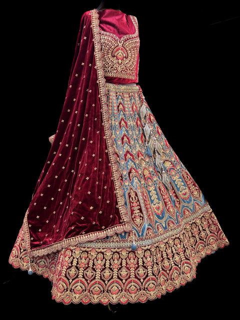 (Video Clip attached)Velvet based hand work with stones work two toned design Heavy Ken ken Bridal designer lehnga with heavy handwork blouse and two Dupatta , with netting and with velvet and heavy latkans