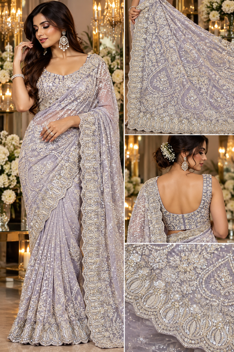 Heavy Embroidered Net Saree – Elegant sheer net saree with all-over embroidery, sequin detailing and a rich heavy border.Blouse shown is for reference only; actual blouse piece is attached with the saree. Slight variation in colour/design possible.