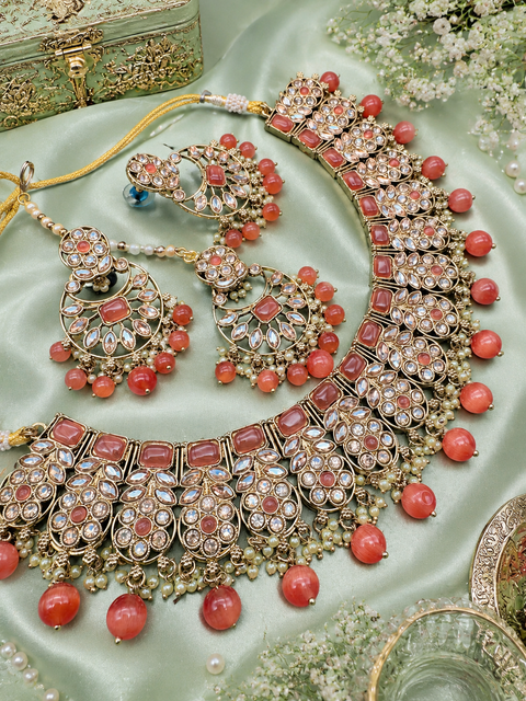 Original Polki stone with pearls beaded work beautiful necklace with jhumka and tikka set