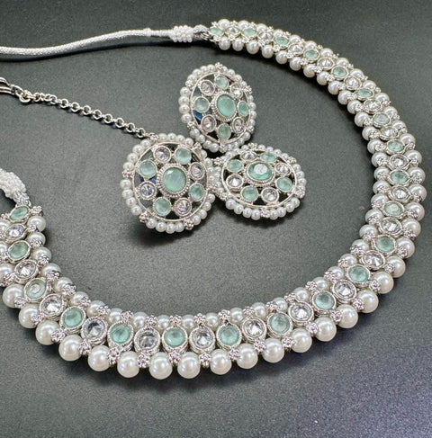 Kundan And Pearls Work Beautiful Necklace Set With studs & Tikka