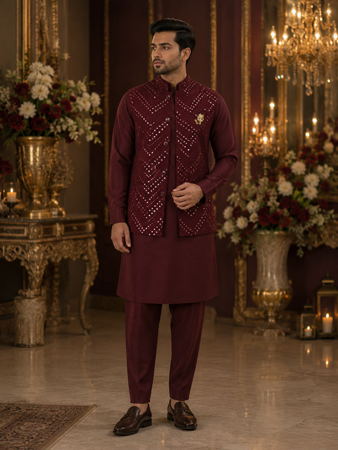 Mirror work Jacket with Raw Silk based Kurta & Pants (slight variation in color and design is possible )