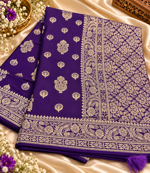 Luxuriously soft silk saree with a smooth, lightweight feel and beautifully flowy drape. Featuring rich woven zari floral motifs and an elegant detailed border .Blouse piece included. Slight variation in colour and design is possible.