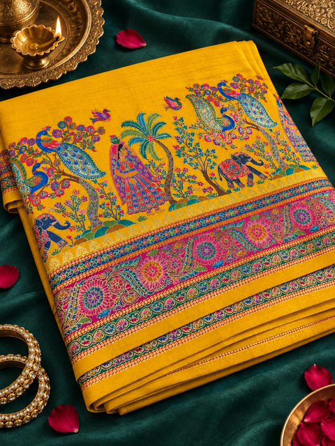 Elegant mustard yellow saree featuring rich multicolour traditional peacock, elephant and floral motifs with a beautifully detailed woven-style border and statement pallu. Blouse piece included. Slight variation in colour and design is possible.