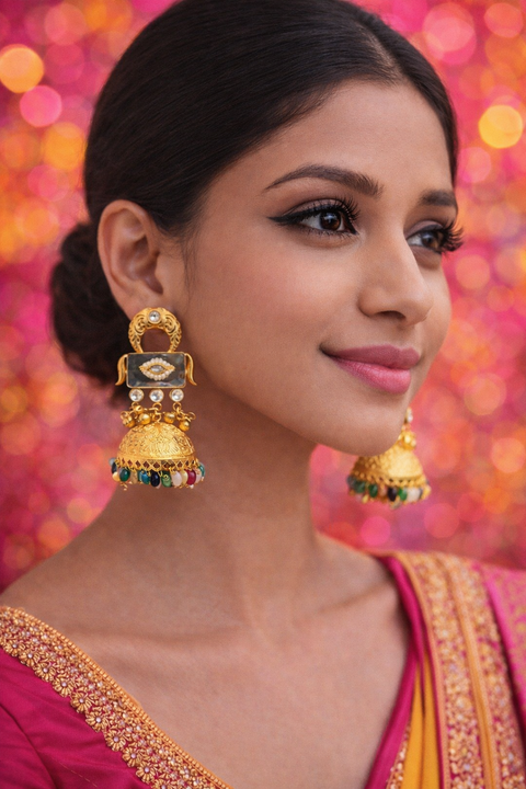 (Video clip attached) Trending Kashmiri Earrings /Statement gold-look jhumka earrings featuring delicate carvings and vibrant bead drops for a rich traditional style with multicolour pearls and Ghunghroo