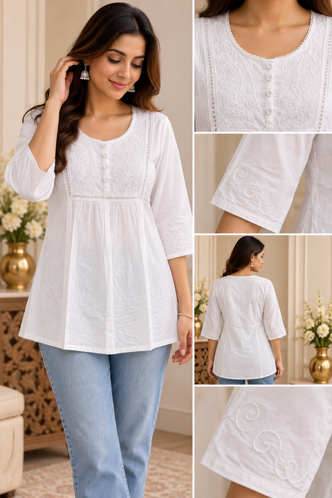 White Lucknowi Chikankari Short Kurti – Beautiful loose-fit short kurti with delicate Chikankari embroidery and lace detailing. Comfortable, elegant and easy to wear.Slight variation in design is possible.