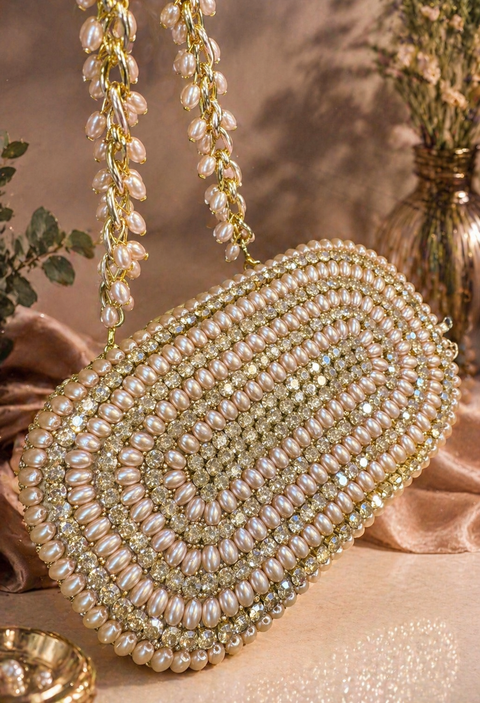 (Video clip attached)Stone work and pearls work beaded Handwork designer clutch bag with handle to carry with chain inside the clutch (can be attached or detached)