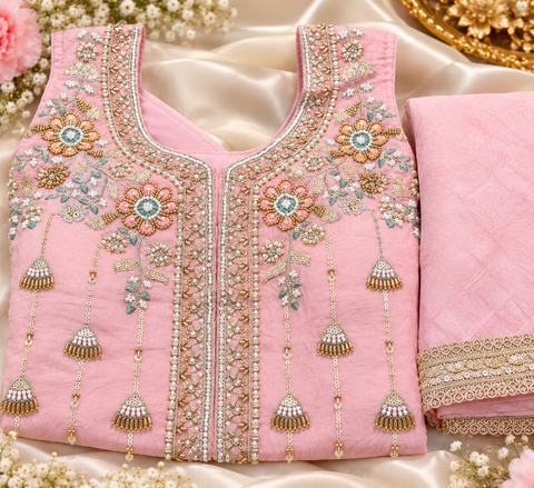 Beautiful short top with exquisite all-over handwork on luxurious crushed fancy silk fabric. Paired with loose, flowy palazzo pants and a matching dupatta. Slight variation in colour and design is possible