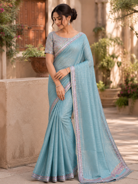 Georgette base all over sequined work beautiful saree with embroidery border and ready made embroidery work designer blouse (size 40 and can be altered upto 42)