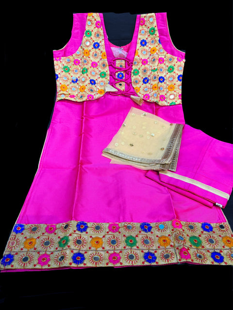 Hot pink colour heavy embroidered jacket punjabi suit with contrast dupatta