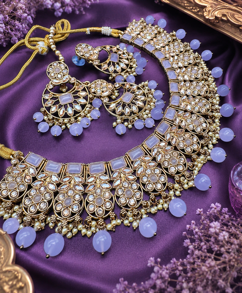 Original Polki stone with pearls beaded work beautiful necklace with jhumka and tikka set