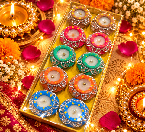 Beautiful 6-Piece Diya Candle Set with colourful handcrafted design and wax candles inside, perfect for Diwali décor and gifting. Slight handmade variations may occur.