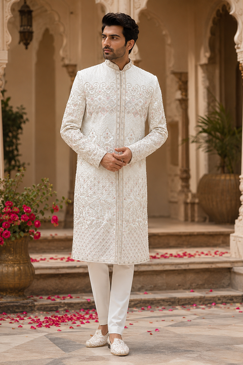 (Video clip attached )Cream color heavy embroidery & pearl sequined work all over with hand work pearl beaded neck, buttons and sleeves design Sherwani and Pants(waist belt for dupatta)