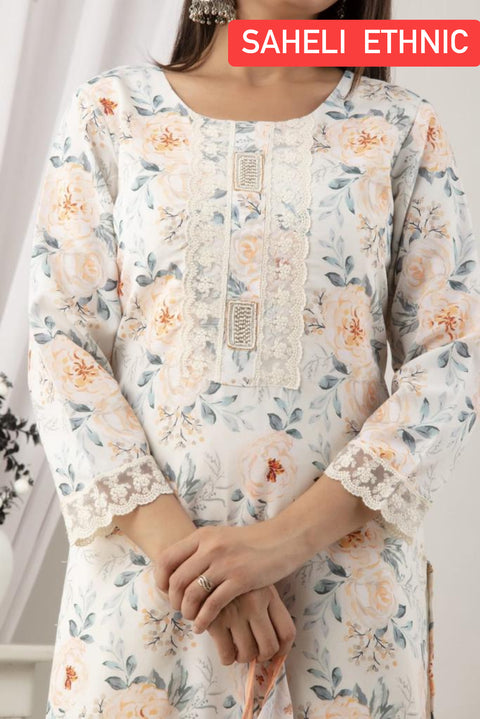 PURE & SOFT KHADI COTTON BASED DESIGNER EMBROIDERED & PRINTED WORK KURTI WITH PLAZO PANTS & DUPATTA