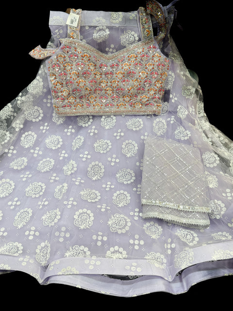 Stones and mirror work designer Blouse with netting shimmer work  design heavy flared lehnga and netting dupatta
