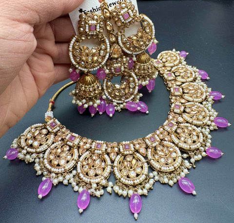 Original Polki stone with pearls beaded work beautiful necklace with jhumka and tikka set