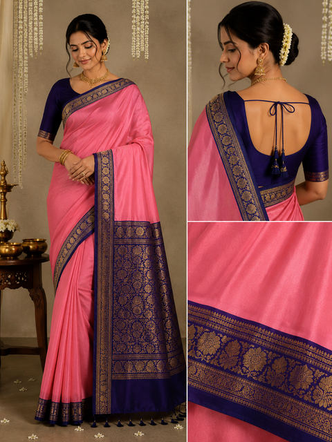 Plain silk Saree with contrast zari border and contrast plain Blouse, Model-Worn Blouse Is For Reference Only. Unstitched Blouse Piece Is Attached With Saree(Slight Variation In Color & Design Is Possible)