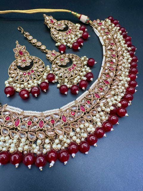 Original golden Polki Stone With maroon Pearls Beaded Necklace Set With Beautiful Earrings & Tikka